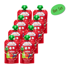 Bio Quetschie Kleiner Schatz - Erdbeere, Birne, Traube, Banane, Hafer - FruchtBar - 8er Vorratspack - Vorderseite