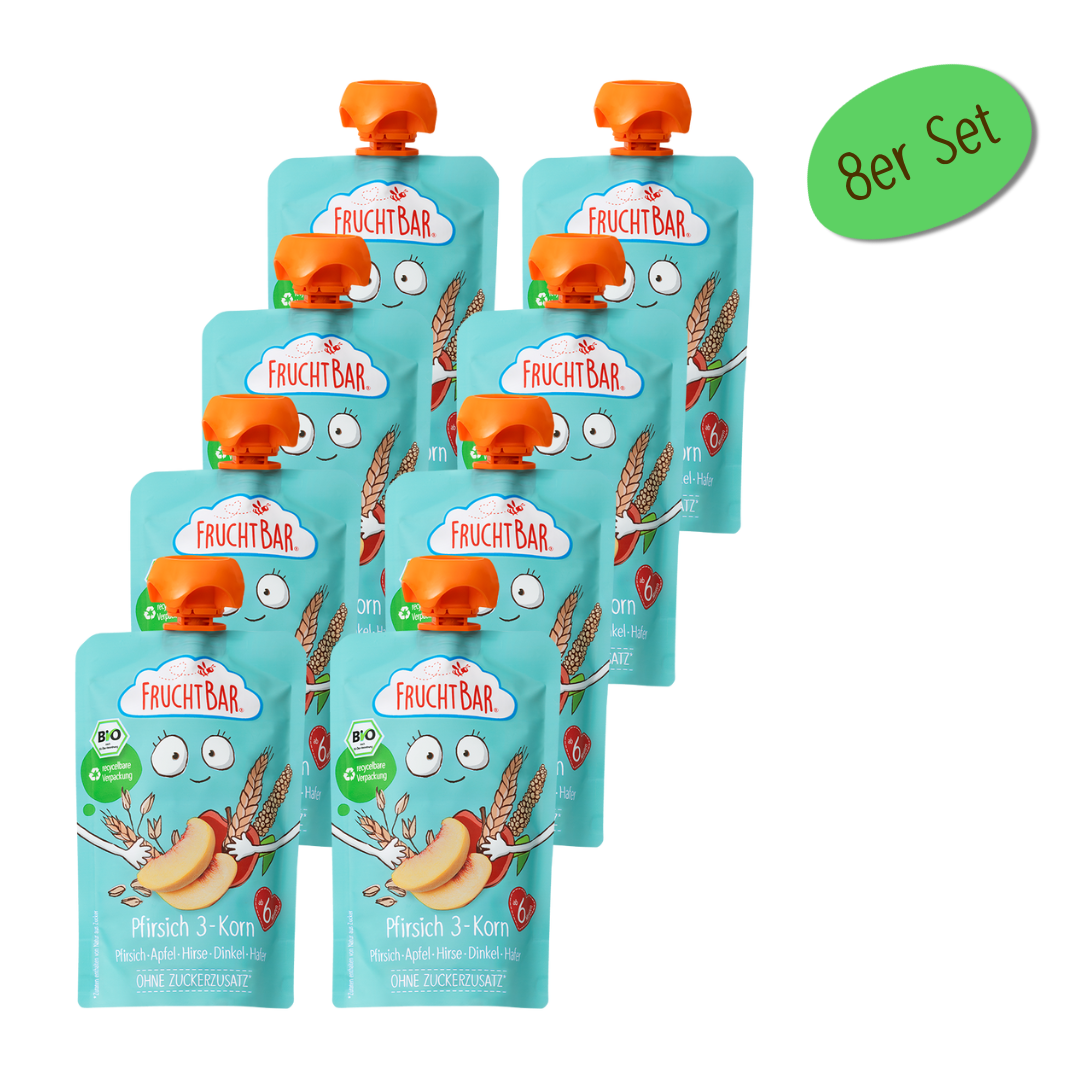 Bio Quetschie Pfirsich 3-Korn - FruchtBar - 8er Vorratspack - Vorderseite