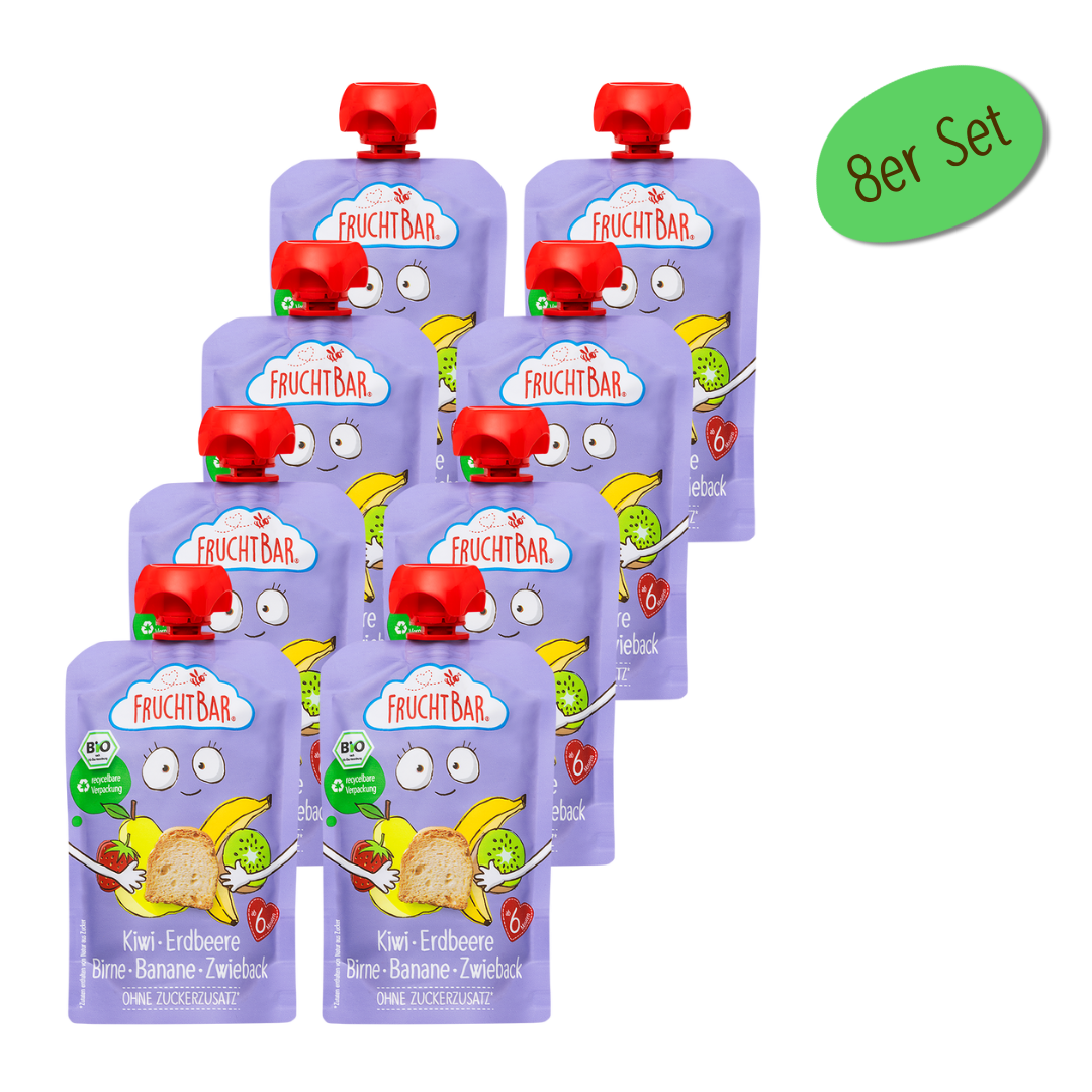 Bio Quetschie Kiwi, Erdbeere, Birne, Banane, Zwieback - FruchtBar - 8er Vorratspack - Vorderseite

