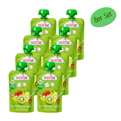 Bio Quetschie Kiwi, Apfel, Birne, Banane - FruchtBar - 8er Vorratspack - Vorderseite