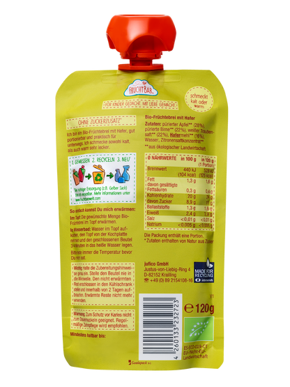 Bio Quetschie Früchte-Haferbrei Apfel, Birne, Traube, 120g - FruchtBar - Einzelstück - Rückseite