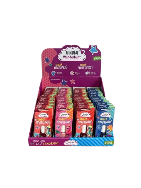Thekendisplay mit drei verschiedenen Kinder-Nagelfarben von FruchtBar Wunderbunt 