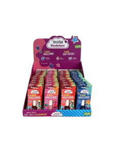 Thekendisplay mit drei verschiedenen Kinder-Nagelfarben von FruchtBar Wunderbunt 