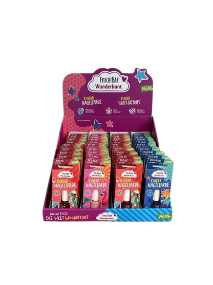 Thekendisplay mit drei verschiedenen Kinder-Nagelfarben von FruchtBar Wunderbunt 