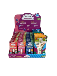 THekendisplay von FruchtBar Wunderbunt bestückt mit 30 Stk. Kindernagellack und 150 Stk. Kinder-Haut-Tattoos