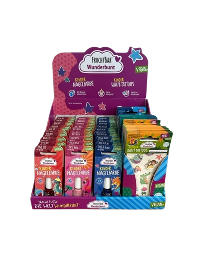 THekendisplay von FruchtBar Wunderbunt bestückt mit 30 Stk. Kindernagellack und 150 Stk. Kinder-Haut-Tattoos