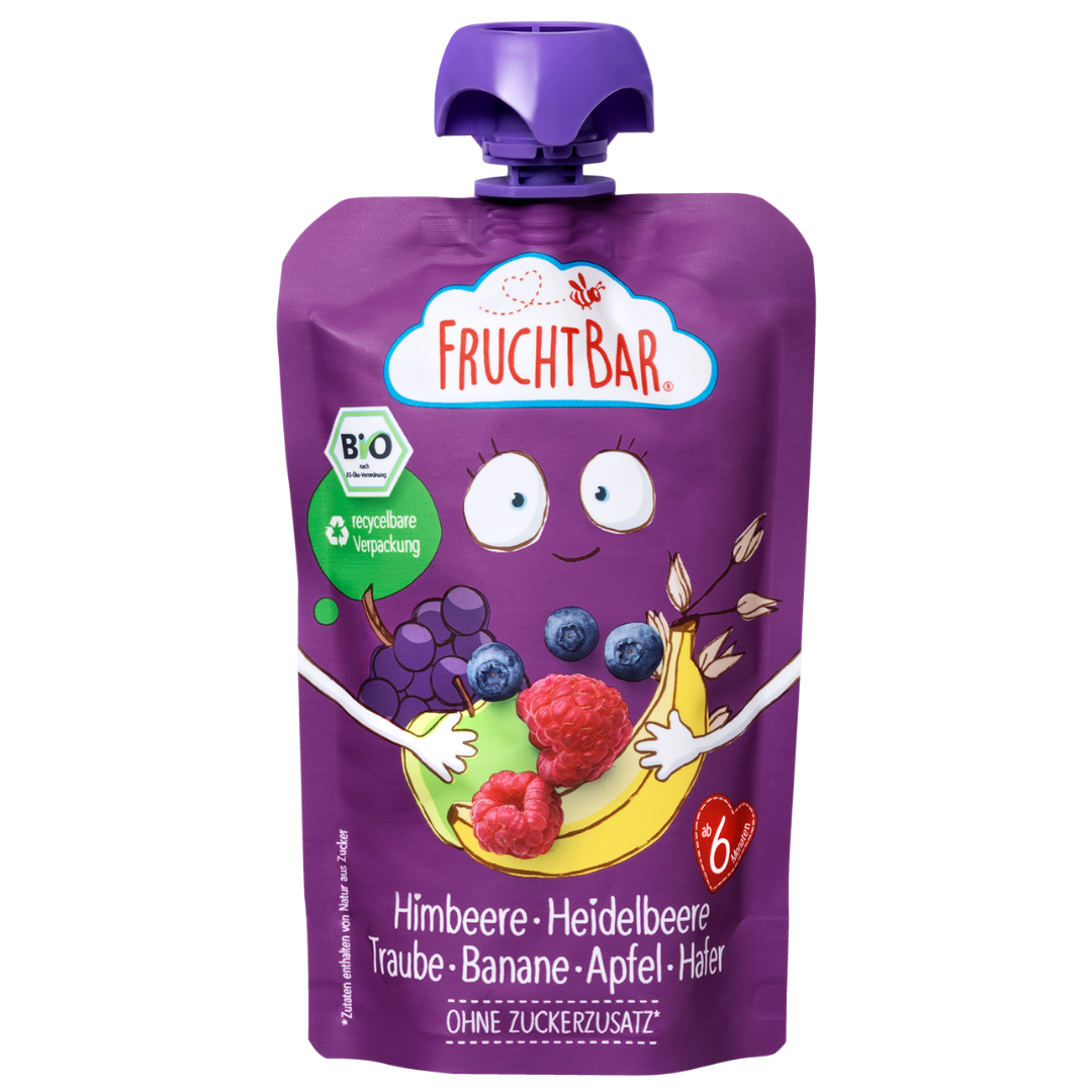 Bio Quetschie Himbeere, Heidelbeere, Traube, Banane, Apfel, Hafer - FruchtBar - Einzelstück - Vorderseite