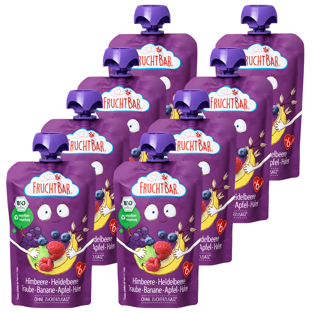 Bio Quetschie Himbeere, Heidelbeere, Traube, Banane, Apfel, Hafer - FruchtBar - 8er Vorratspack - Vorderseite