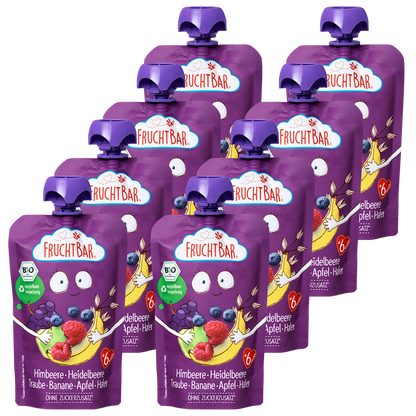 Bio Quetschie Himbeere, Heidelbeere, Traube, Banane, Apfel, Hafer - FruchtBar - 8er Vorratspack - Vorderseite