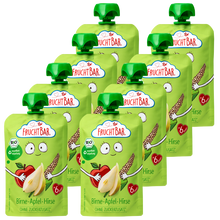 Bio Quetschie Birne, Apfel, Hirse - FruchtBar - 8er Vorratspack - Vorderseite