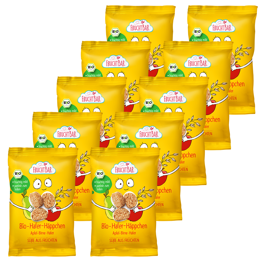 Bio Hafer Häppchen Apfel, Birne, Hafer - FruchtBar - 10er Vorratspack - Vorderseite