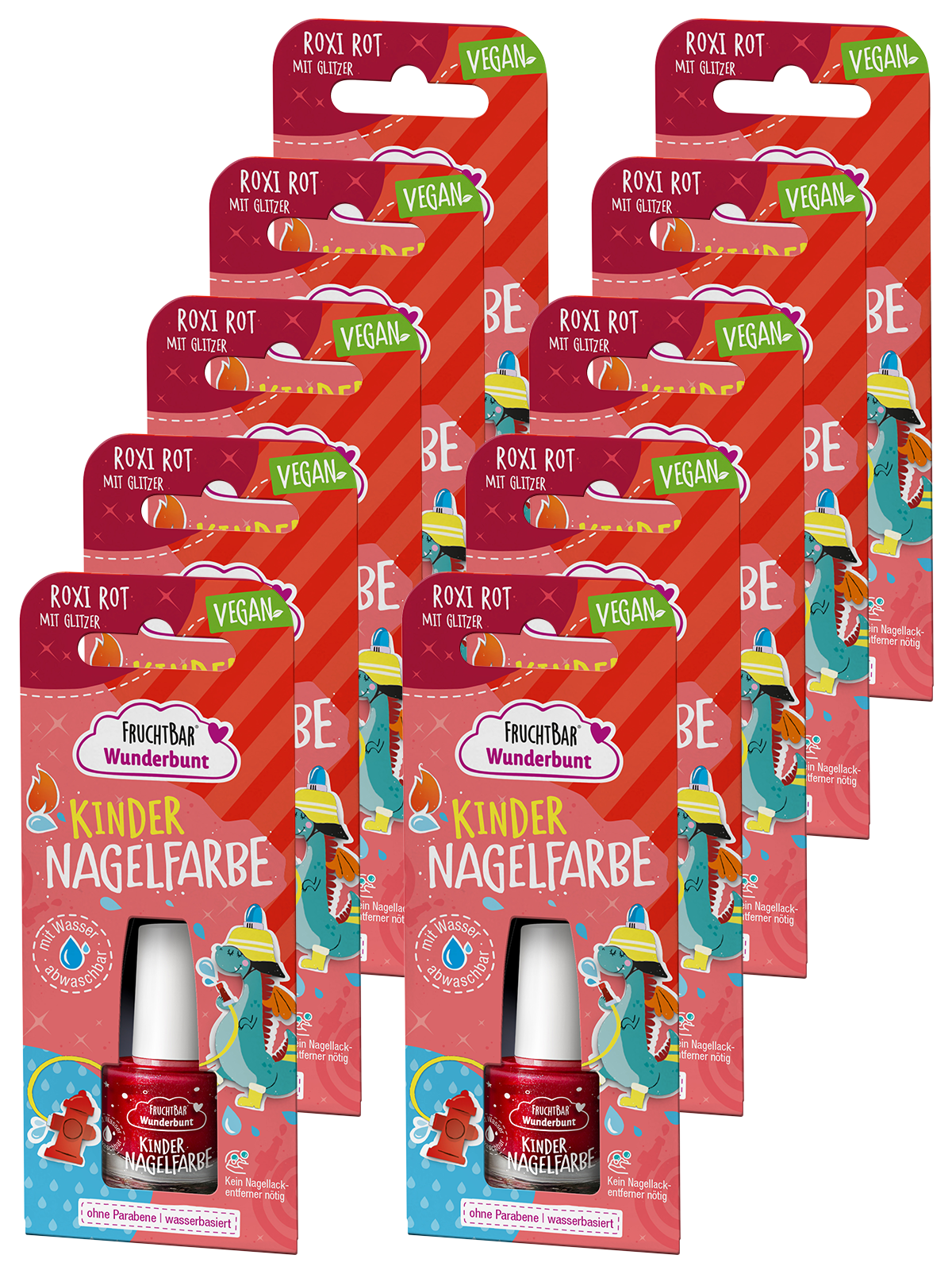Kinder Nagelfarbe Roxi Rot mit Glitzer - FruchtBar Wunderbunt - 10er Vorratspack - Vorderseite