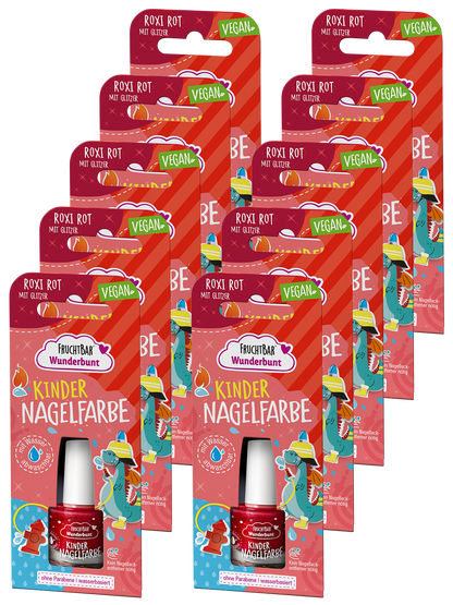 Kinder Nagelfarbe Roxi Rot mit Glitzer - FruchtBar Wunderbunt - 10er Vorratspack - Vorderseite