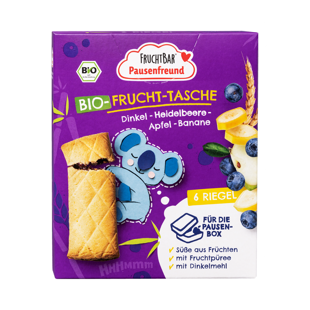 Bio Fruchttasche Heidelbeere, Dinkel, Apfel, Banane
