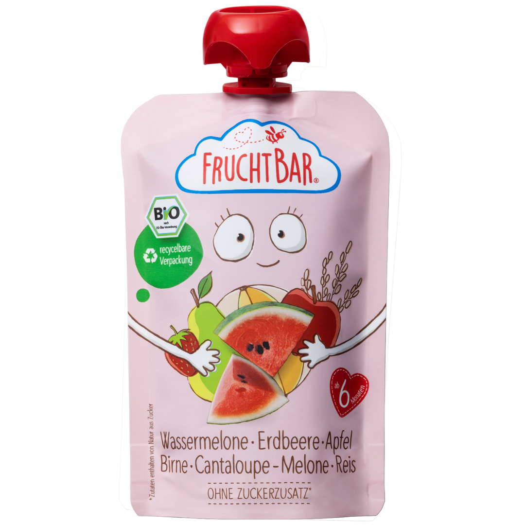 Bio Quetschie Wassermelone, Erdbeere, Apfel, Birne, Cantaloupe-Melone, Reis