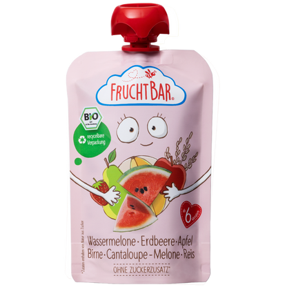 Bio Quetschie Wassermelone, Erdbeere, Apfel, Birne, Cantaloupe-Melone, Reis