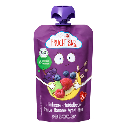 Bio Quetschie Himbeere, Heidelbeere, Traube, Banane, Apfel, Hafer