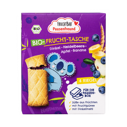 Bio Fruchttasche Heidelbeere, Dinkel, Apfel, Banane