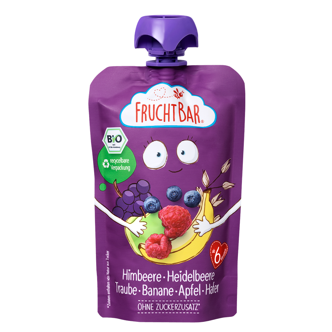 Bio Quetschie Himbeere, Heidelbeere, Traube, Banane, Apfel, Hafer