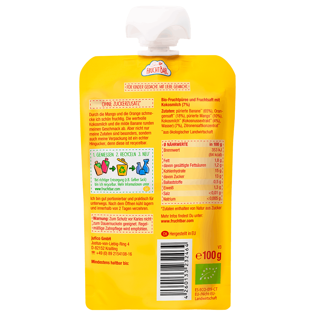Bio Quetschie Mango, Orange, Kokosmilch, Banane - FruchtBar - Einzelstück - Rückseite